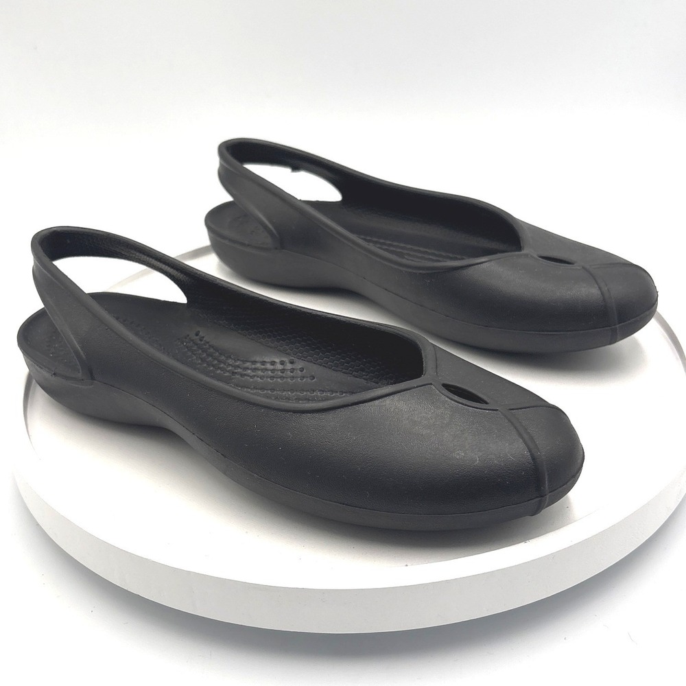 Crocs Rio Flat Womens 6 Black Slingback Pointed Toe Cutout Comfort Shoes 18762
